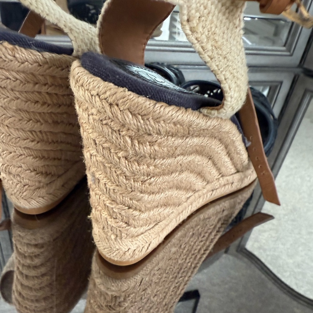 Tory Burch Navy and Tan Wedge Sandals - Picture 5 of 6